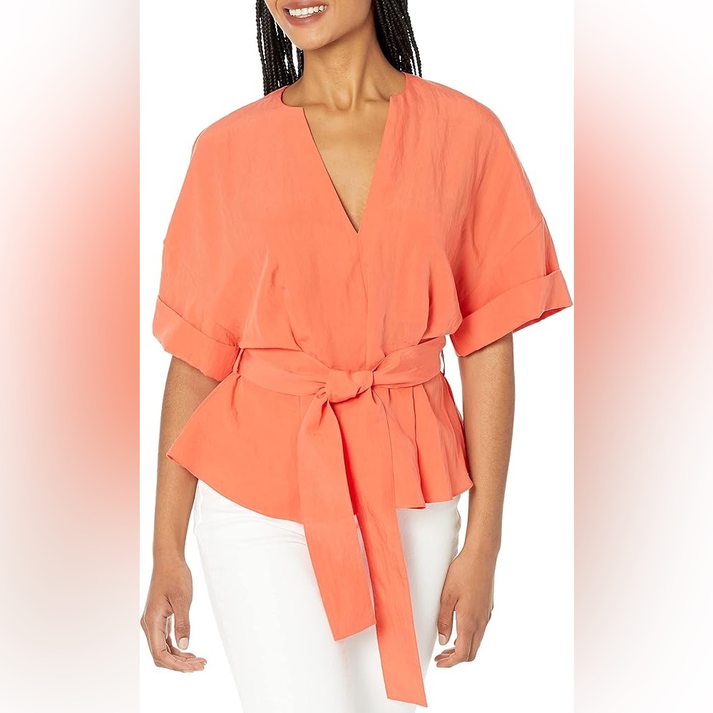 Vince Women's Cuffed Short Sleeve V-Neck Blouse Sz Large
